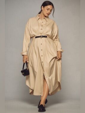 Anthropology Long-Sleeve Buckle-Front Midi Shirt Dress